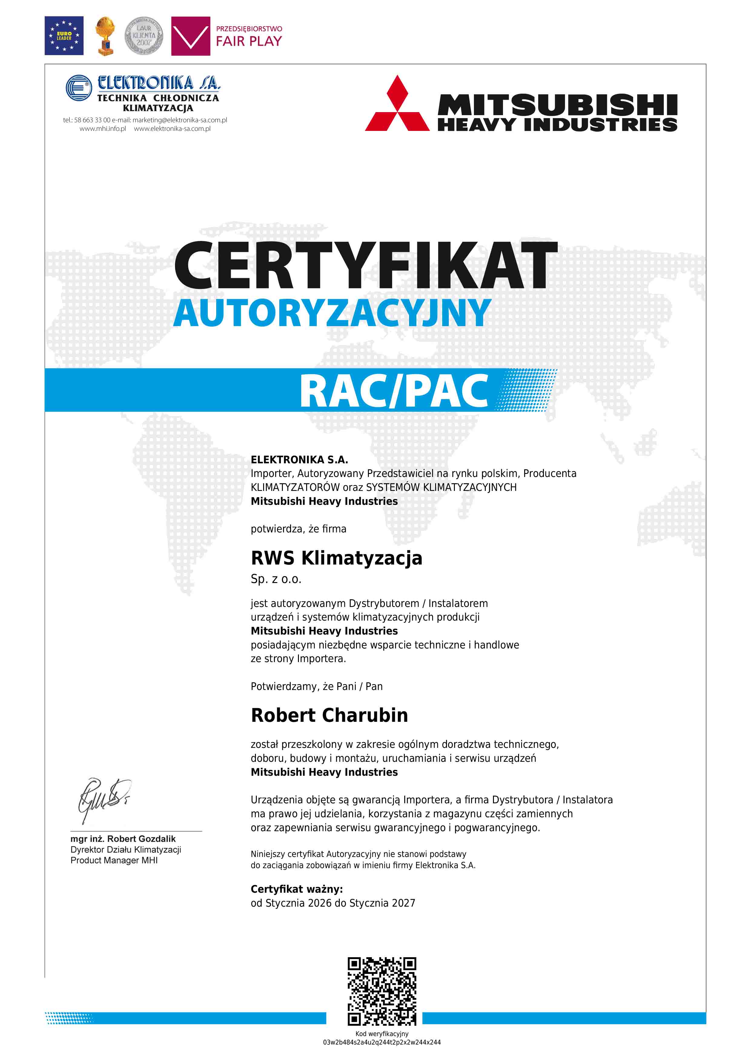 Mitsubishi Heavy Industries certyfikat